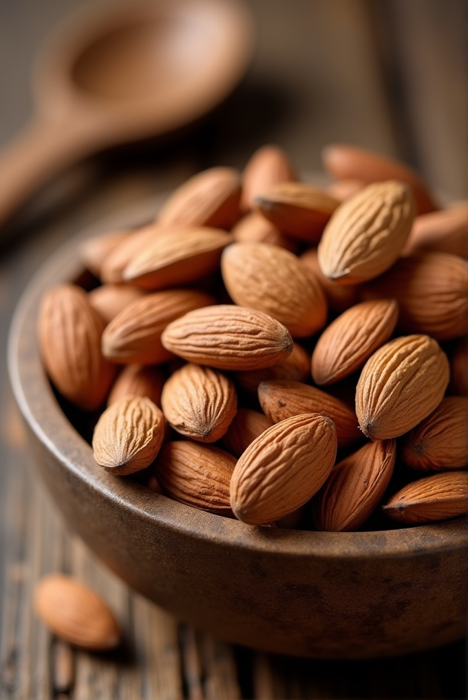 A rustic wooden bowl filled with whole almonds sits on a textured wooden surface, accompanied by a blurred wooden spoon in the background.