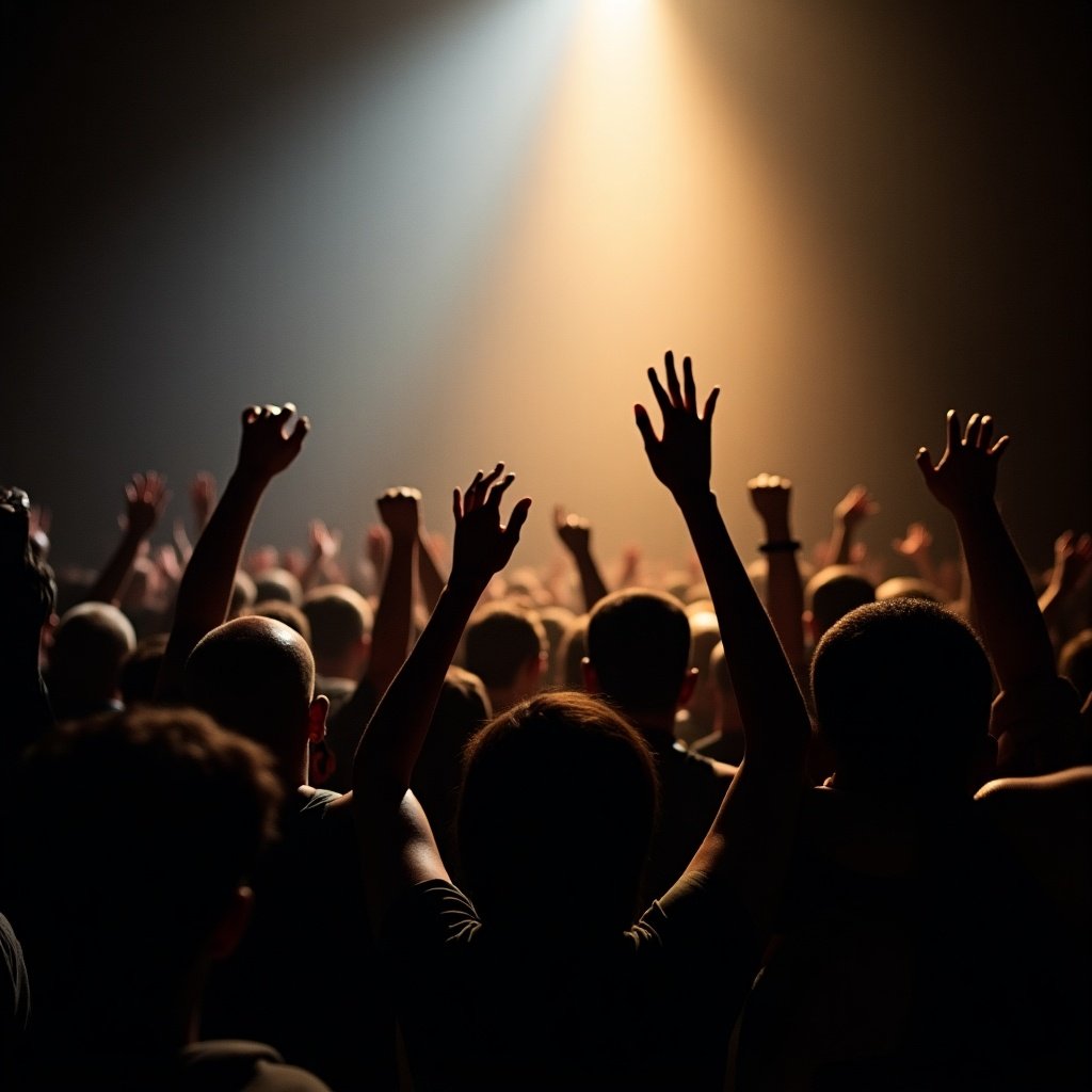 A powerful photo depicting a concert crowd. Intimate low-light setting with dramatic lighting. Audience members with hands raised show energy and passion.