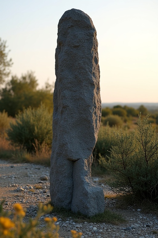 Menhir made of dark granite standing 2 meters high. Surrounded by tall shrubs. Stony ground with sparse wild herbs. Landscape in Southern France during spring evening light.