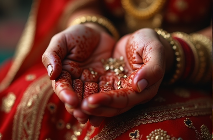 A close-up of hands decorated with intricate henna designs holding small golden ornaments, against a backdrop of rich red and gold fabric.