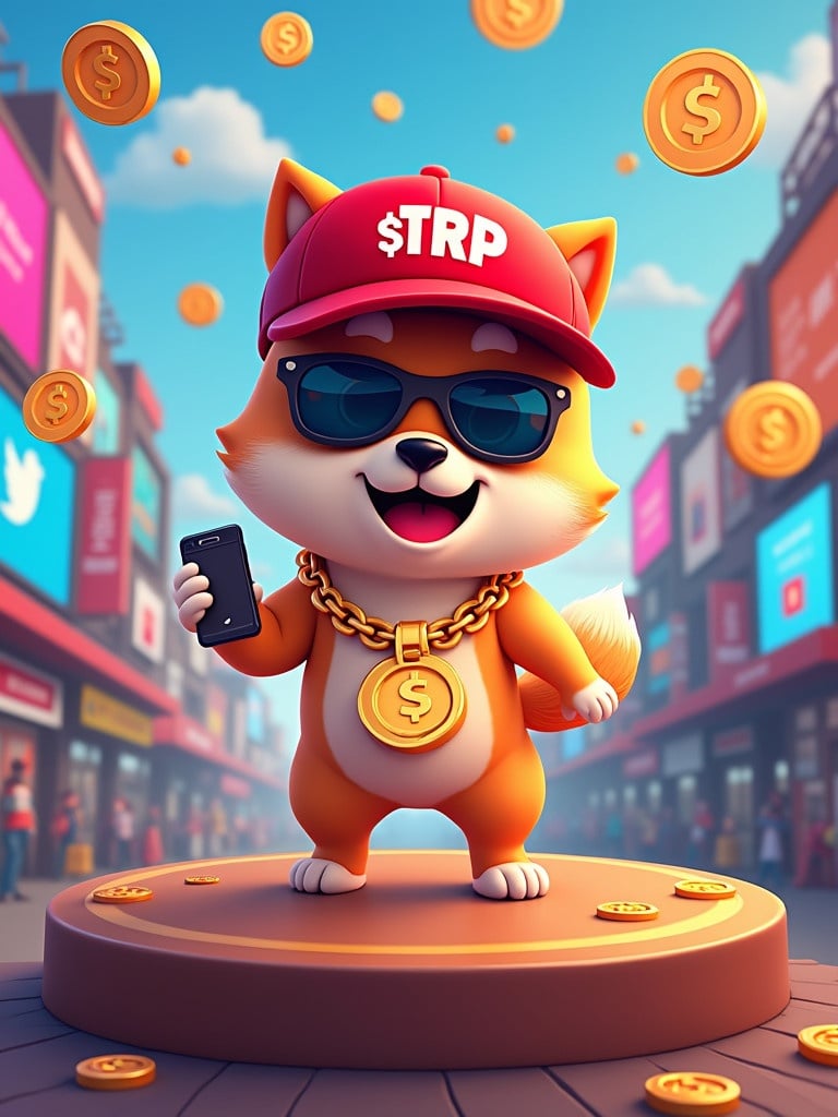 Create lively promotional image for Shill-to-Earn cryptocurrency project featuring animated Shiba Inu dog cartoon character wearing red baseball cap called $TRP. Shiba dressed like trendy influencer with sunglasses and gold chain holding smartphone. It stands on podium surrounded by social media icons while crypto tokens rain from above. Vibrant urban setting with digital billboards promoting project. Highlight tagline: 'Shill, Share, and Earn Big!' in bold text.