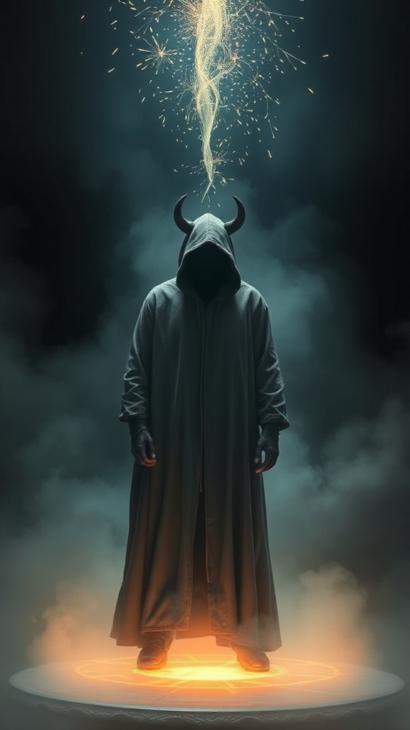 A hooded figure with horns stands in a mystical glowing circle as sparks spiral above.