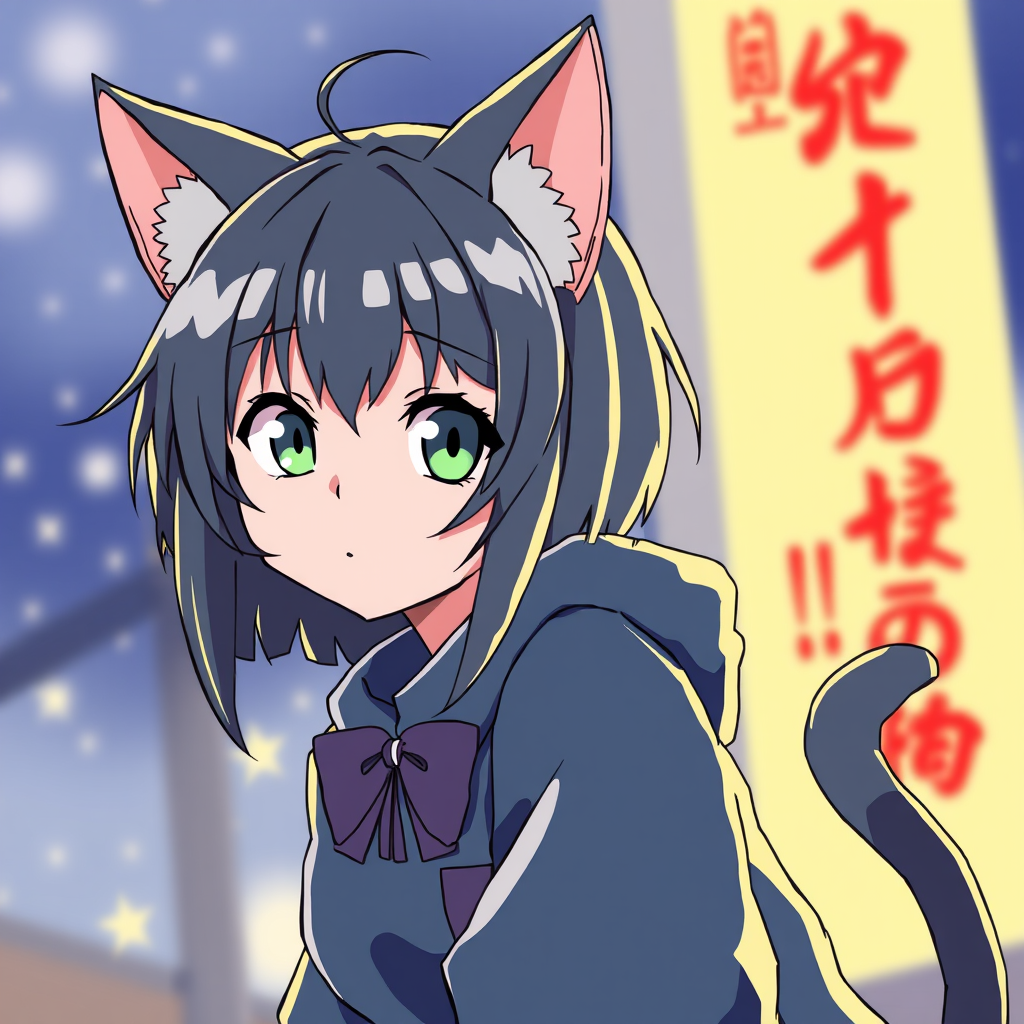 An anime character with cat ears and a tail gazes thoughtfully against a starry night backdrop with a glowing yellow sign.