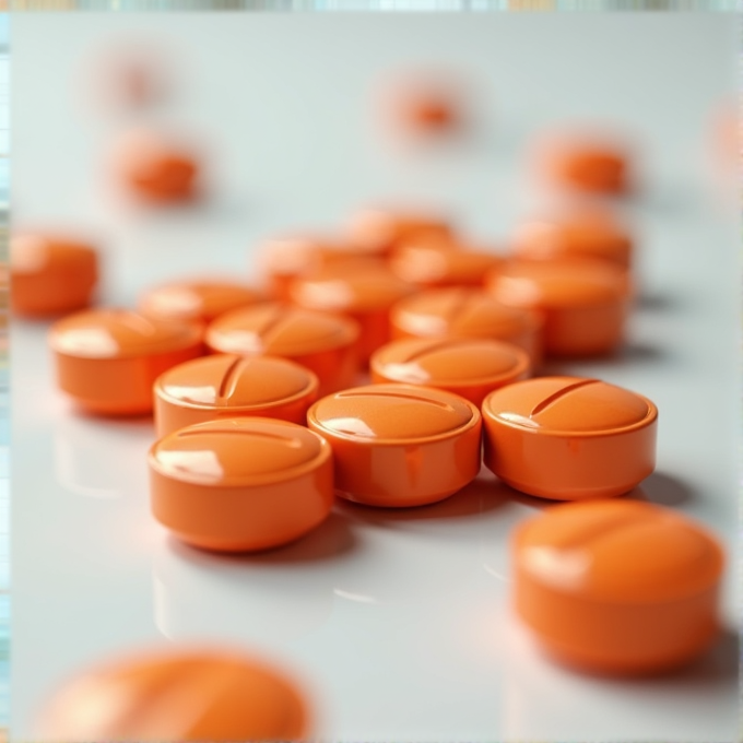 A cluster of glossy, orange pills scattered on a reflective surface.