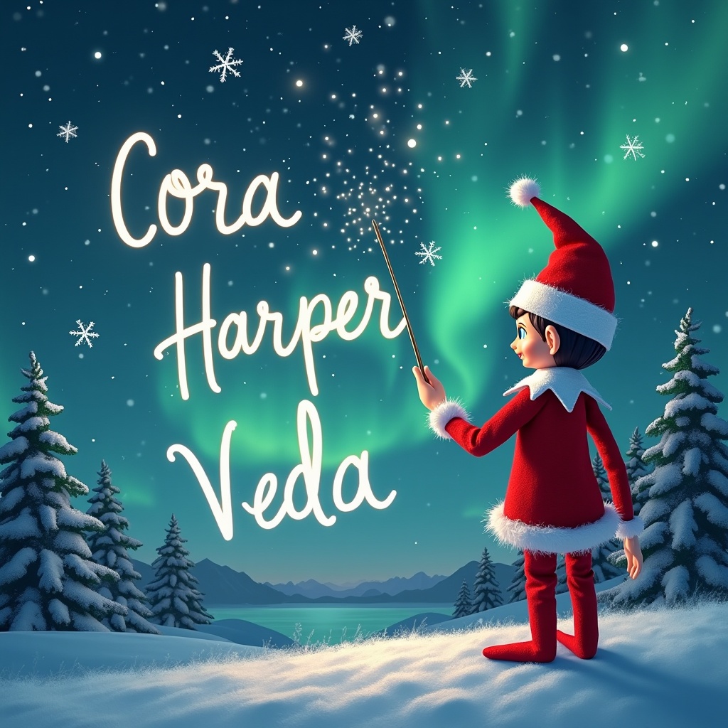 This enchanting image features an elf on the shelf, with his back turned, gazing up at a breathtaking night sky. He wields a magic wand, elegantly crafting the names 'Cora', 'Harper', and 'Veda' among twinkling stars. The background captures a serene Christmas scene, adorned with snow-laden trees and shimmering northern lights. The overall atmosphere is filled with holiday magic and joy, perfect for celebrating the spirit of Christmas. This whimsical holiday visual reflects the themes of wonder and excitement related to Santa's elves.