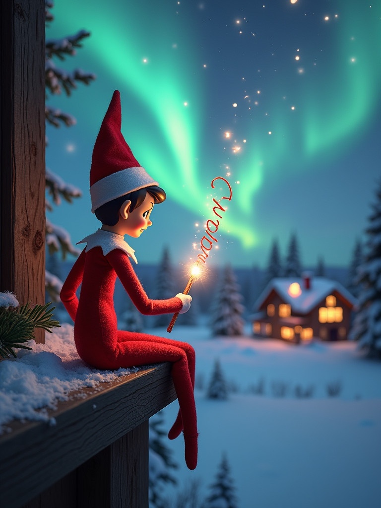 Elf on the shelf sits with its back to viewer. Elf gazes skyward while holding a glowing wand. Colorful northern lights are visible. Cozy house in the distance. Snow covers the ground. Elf embodies magic and wonder of Christmas.