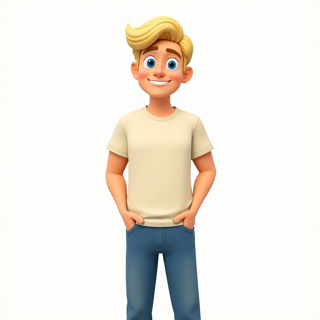 Male cartoon character in T-pose. Character wearing light-colored t-shirt and blue jeans. Blond hair with comb over hairstyle and blue eyes.