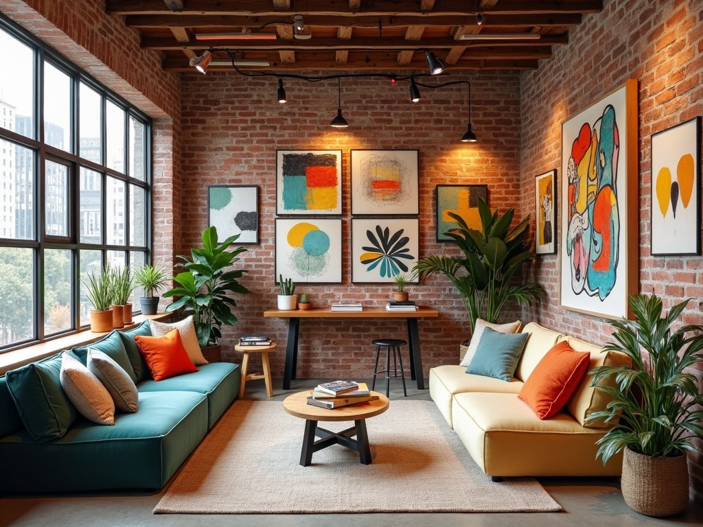 This image depicts a stylish modern living room with a mix of comfortable sofas and vibrant art pieces. The room has a warm and inviting atmosphere created by the combination of brick walls and large windows that allow plenty of natural light. Various indoor plants add a touch of nature to the aesthetics. The color palette includes teal and yellow couches with bold orange pillows, enhancing the overall decor. Artwork above the sofas adds character and artistic flair to the space.