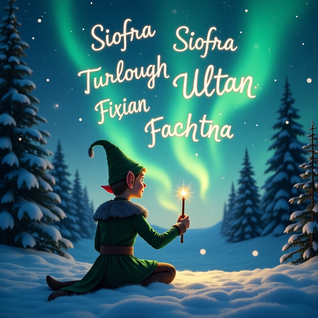 The image features an elf sitting in a winter wonderland. The elf is turned away from the viewer, gazing at a sky illuminated by northern lights. In its hands, the elf holds a magical wand, creating names in the celestial display. The landscape is adorned with snow-covered ground and towering evergreen trees. Names like 'Siofra', 'Turlough', 'Ultan', and 'Fachtna' twinkle in the sky, adding to the enchantment of the scene.