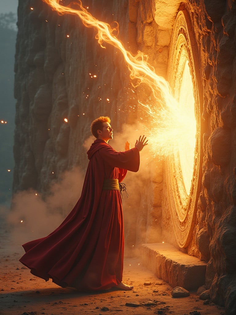 Young athletic Caucasian wizard with ginger hair dressed in a red robe is screaming while releasing a colorful mystic ray from his hands towards a bronze vault embedded in a giant ancient fortress wall by a cliff.