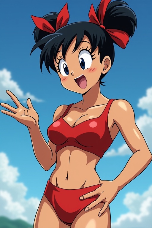 Image depicts a female anime character poses playfully in a red bikini. Background features a clear blue sky with green hills. Character has dark hair styled with bows and a confident stance.