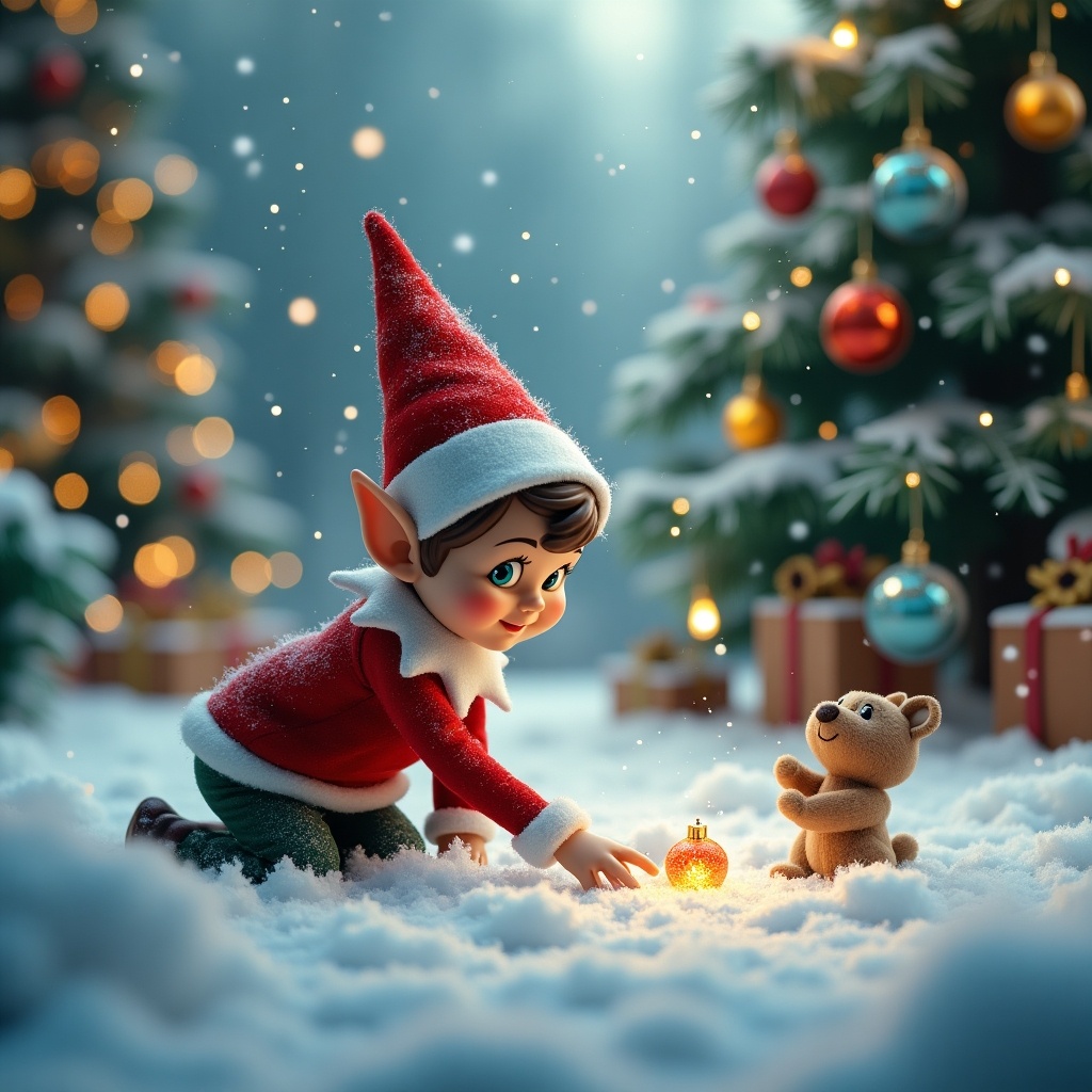 A Christmas scene featuring a Christmas elf looking at a small ornament on the ground. The elf is surrounded by snow, a small animal companion, and decorated trees in the background.