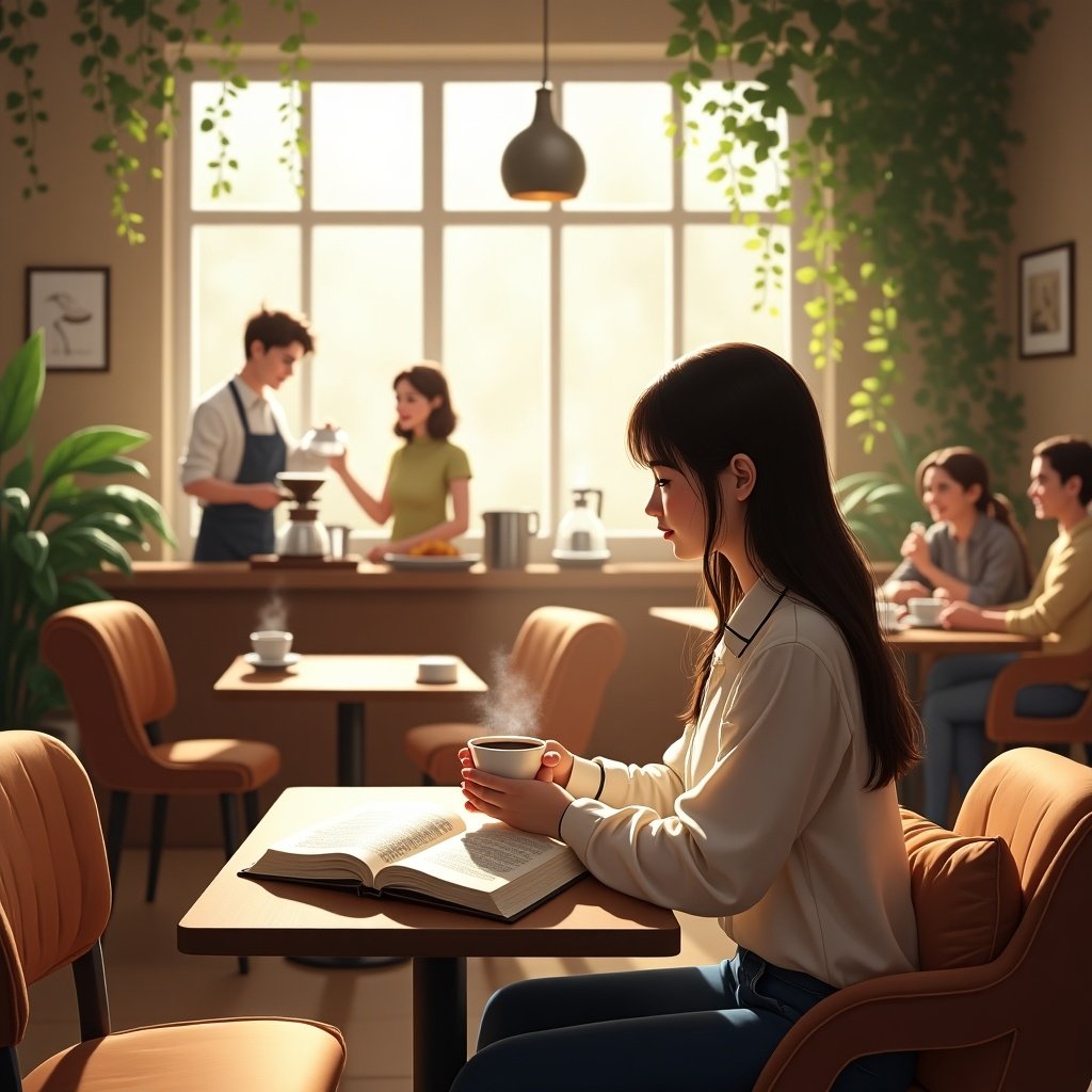 A cozy café scene. There are wooden tables and plush chairs. A young woman sits at a table with a hot cup of coffee. A thick book lies open on the table. A barista is making coffee in the background. Soft sunlight shines through a large window. A group of friends is laughing in another corner. Green plants decorate the space.