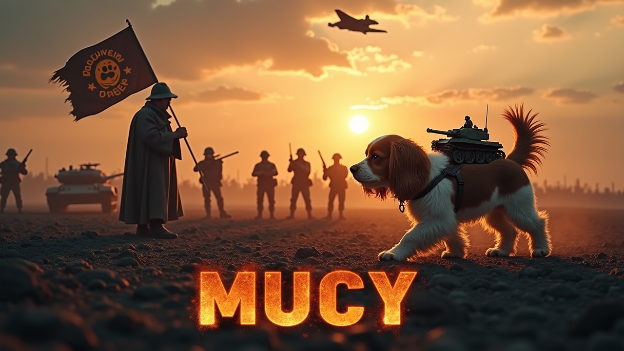 In a dramatic and awe-inspiring scene, a fluffy brown and white cavalier king charles spaniel walks across a dark, desolate battlefield. It has a small tank strapped to its back, symbolizing bravery and heroism. Nearby, a cloaked figure stands valiantly holding a flag with a dog emblem, adding a sense of pride to the scene. In the background, a multitude of small soldiers can be seen holding rifles, their silhouettes contrasted against the bright radiance of the setting sun. Above, a jet fighter passes, heightening the sense of action. The text 'Mucy' boldly displays at the bottom in fiery writing, capturing attention.