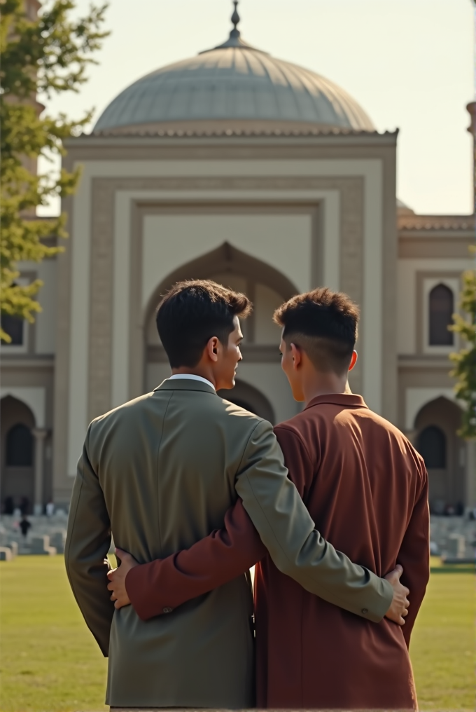 Two men in suits stand arm in arm, facing away from the camera towards a large mosque with a prominent dome.