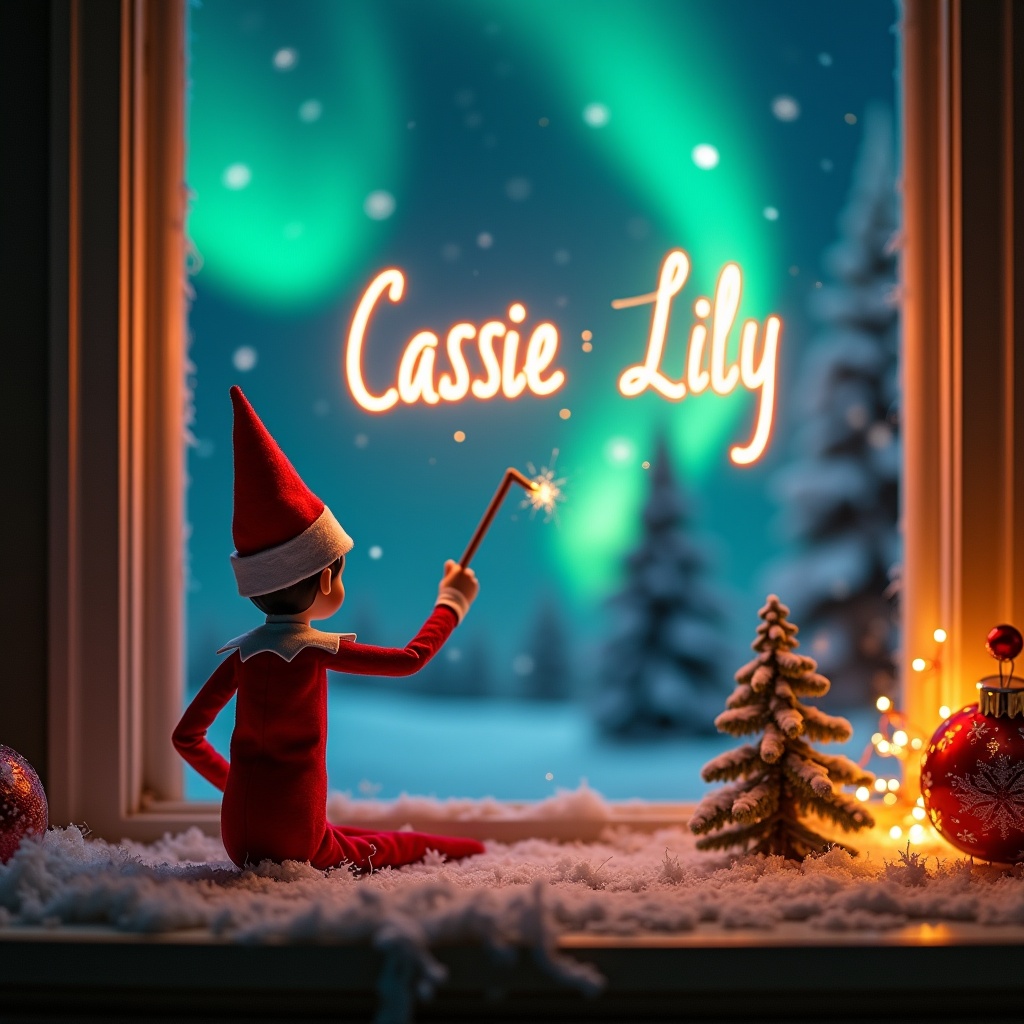 An enchanting Christmas scene featuring an elf on the shelf, who is facing the sky with his back to the viewer. The elf, dressed in red and white, wields a magic wand, writing 'Cassie' and 'Lily' in a glowing script above him. The backdrop is adorned with vibrant northern lights, adding a magical ambiance. The scene is festive, portraying the spirit of Christmas with a whimsical twist. The elf's position and action create a sense of wonder and excitement that captures the joy of the holiday season.