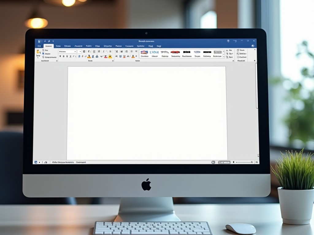 A computer screen showing a blank document on a desktop in an office setting.