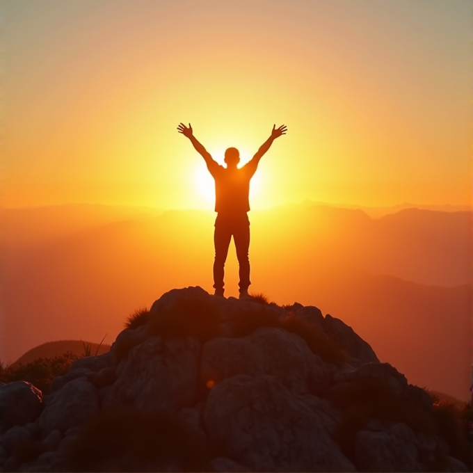 A silhouette of a person standing victoriously on a rocky peak, arms raised, against a vibrant sunrise.