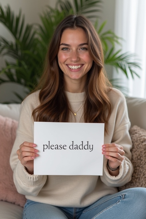 A young woman with long brown hair sits comfortably in a cozy living room. She holds a piece of paper that displays her Instagram handle and the phrase please daddy. The decor includes soft pillows and green plants. Natural light filters through the window, creating a welcoming atmosphere.