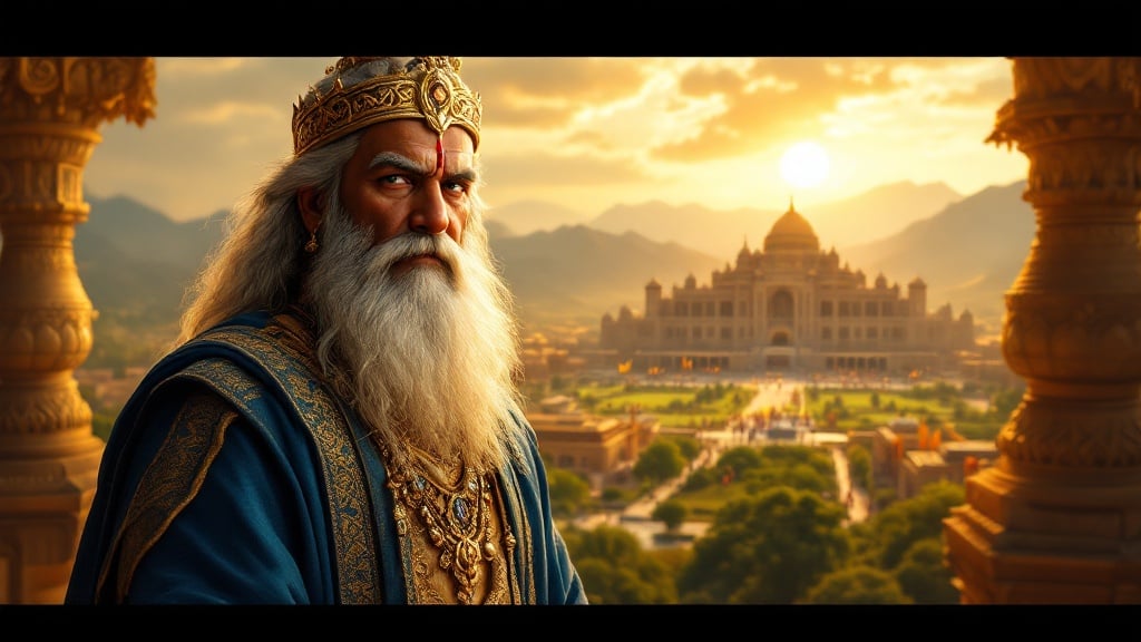 Highly detailed and realistic depiction of King Dharmaveer ruling over the prosperous kingdom of Avantika. King Dharmaveer is an aged but regal figure, with neatly groomed white hair and a thick beard that exudes wisdom and authority. He wears a royal blue robe with intricate golden embroidery and a majestic golden crown. Background includes the sprawling kingdom of Avantika with vibrant green fields, bustling marketplaces, and a majestic palace.