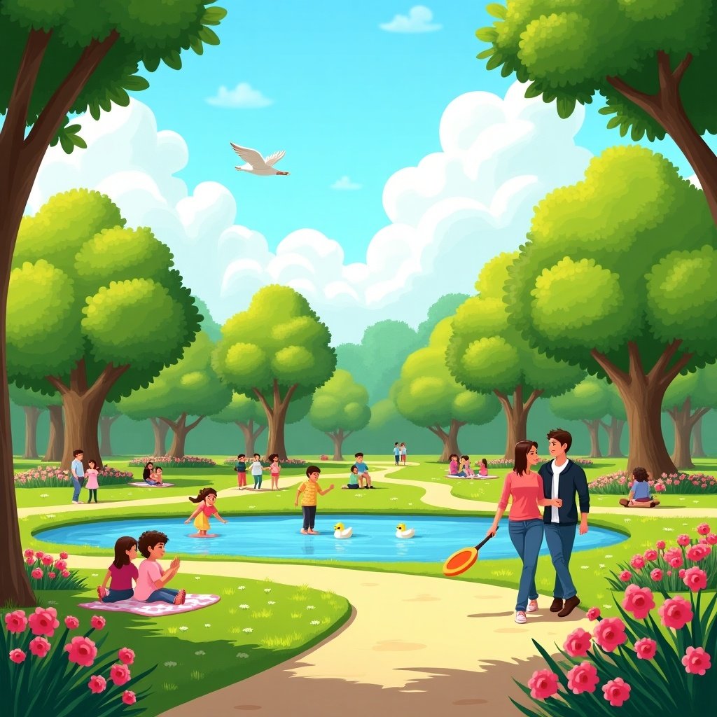 A vibrant park scene on a beautiful spring day. Lush green trees and colorful flowers are blooming. Families enjoy picnics on the grass. Children play with a frisbee. A couple walks hand-in-hand on a winding path. A small pond with ducks adds tranquility. Fluffy white clouds and birds are in the blue sky.