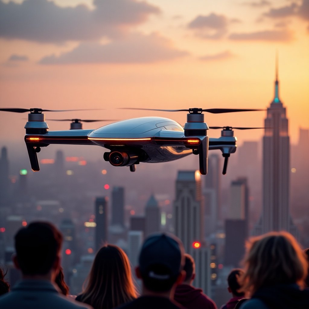 Drone taxi flying over New York City at sunset. Viewers watch the innovation as the skyline glows.