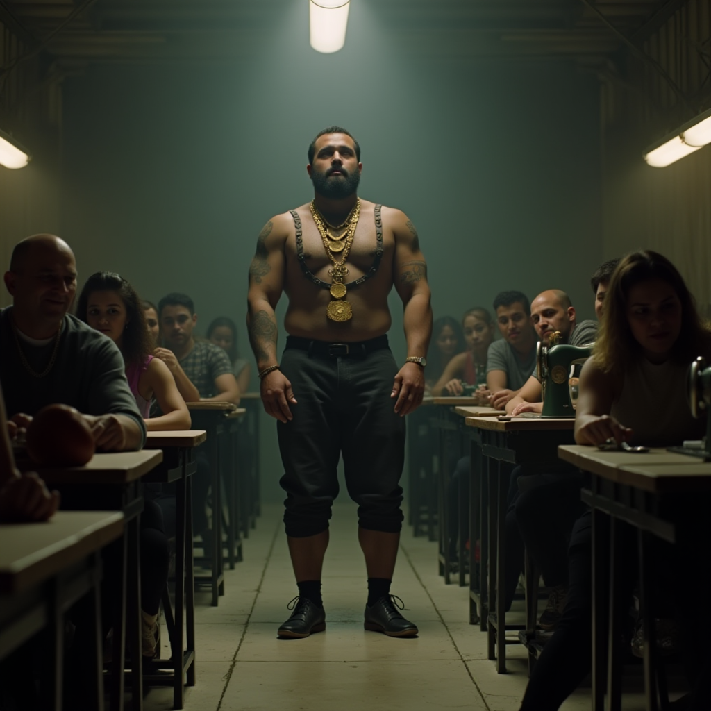 A muscular, bearded man stands confidently among seated people in a dimly lit room.