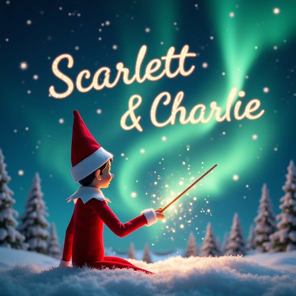 The image features an elf on the shelf sitting in the snow, turning his back to the viewer. He is gazing upwards towards a spectacular display of northern lights. In one hand, he holds a magic wand, using it to elegantly write 'Scarlett & Charlie' in the starry sky. The background showcases a magical Christmas scene with trees covered in snow. The elf wears a classic red suit with a white collar and a matching hat. The atmosphere is filled with a sense of wonder and holiday cheer, inviting viewers into a magical winter moment.