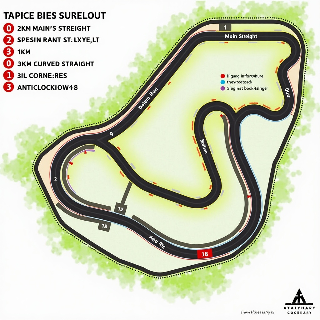 A detailed layout of a race track. Track features km main straight km straight km curved straight. Includes corners designed for an anti-clockwise racing direction. Track characterized by vibrant colors marking different sections. Emphasis on straights and challenging curves suitable for competitive racing events.