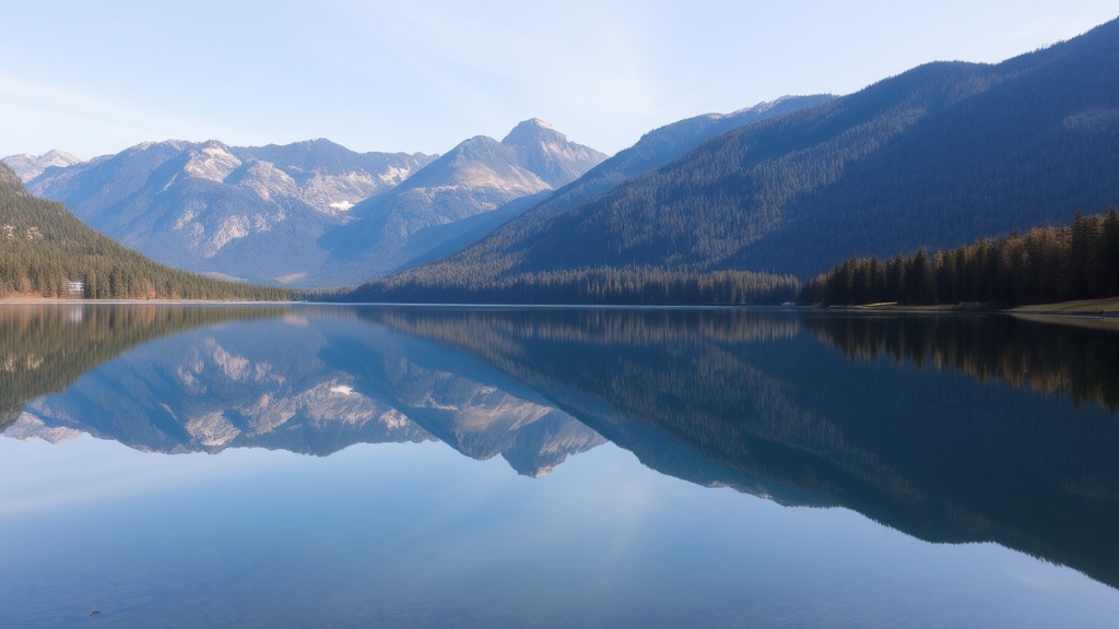 A tranquil scene featuring a pristine lake that perfectly mirrors the towering mountains and lush forests around it. The calm waters reflect the clear blue sky above, creating a symmetrical and harmonious landscape. This image captures the serene beauty of nature and conveys a sense of calm and peacefulness.