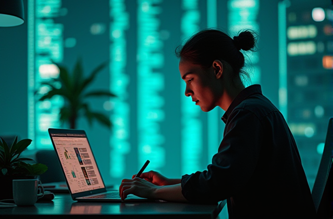 A person working on a laptop with code-like graphics in a dimly lit room with teal lighting.