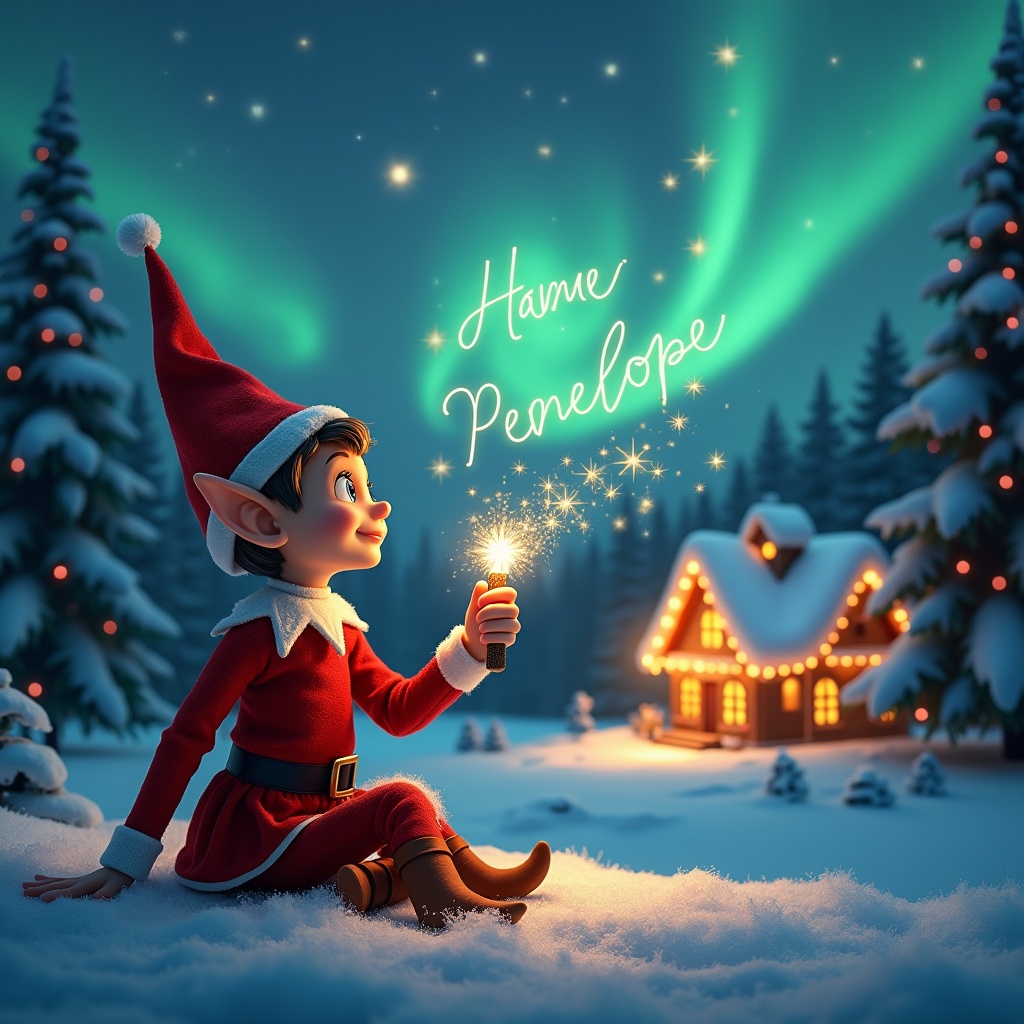 An elf sits with its back to the viewer, gazing up at a magical sky filled with colorful northern lights. The elf holds a glowing wand that emits sparkling lights, creating a whimsical atmosphere. In the background, a cozy house is decorated with holiday lights, nestled amidst the snow-covered landscape. The elf, embodying a playful spirit, writes the name 'Penelope' in the air with magical sparkles. This scene captures the essence of holiday wonder and festive charm, resonating with the joys of Christmas.