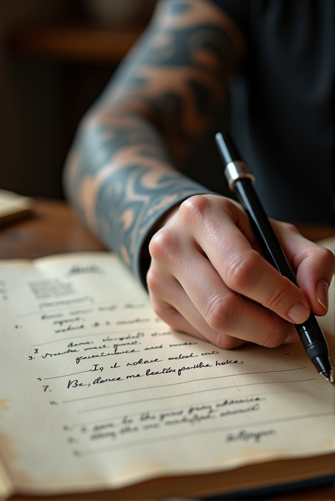 A tattooed person writes in a notebook with a pen on a table.