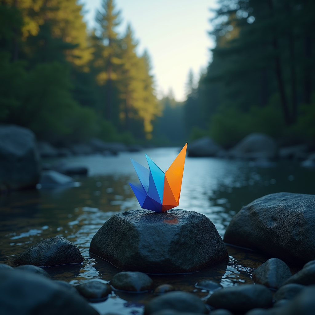 A colorful origami sculpture with blue and orange hues sits on a rock in a tranquil forest stream.