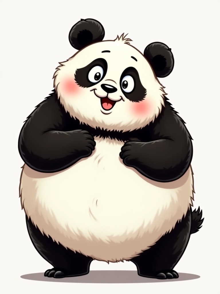 A cartoon panda with a round body and oversized eyes struggles to stay balanced. He holds his slightly off-kilter stomach with tiny paws. His cheeks have a subtle blush. The panda looks down at his feet, comically clumsy. The style is vibrant with exaggerated features and a primary color palette. The fluffy white fur contrasts with the black markings on his face, adding to the comedic expression.