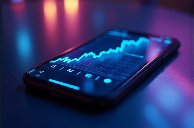 A smartphone displaying a glowing line graph against a vibrant, colorful background.