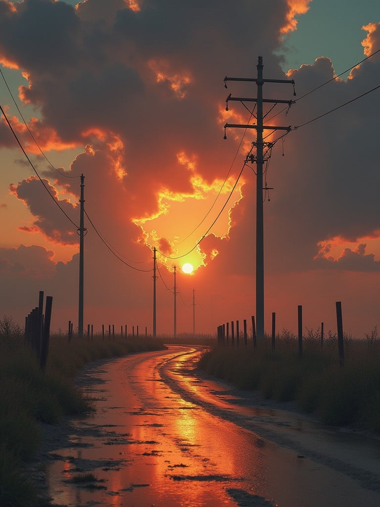 An inspiring landscape featuring a winding path or road. The road reflects the warm colors of a vibrant sunset. Tall grass borders the road bordered by utility poles. Clouds scatter in the sky, enhancing the colorful sunset. The overall atmosphere is calm and serene.