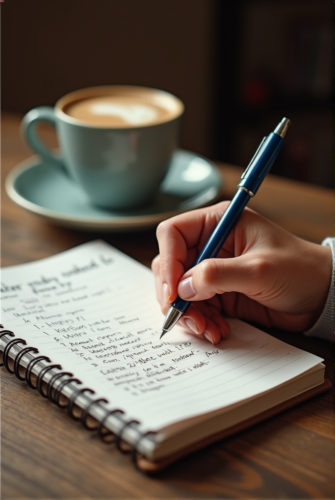 A person writes in a notebook while enjoying a cup of coffee.