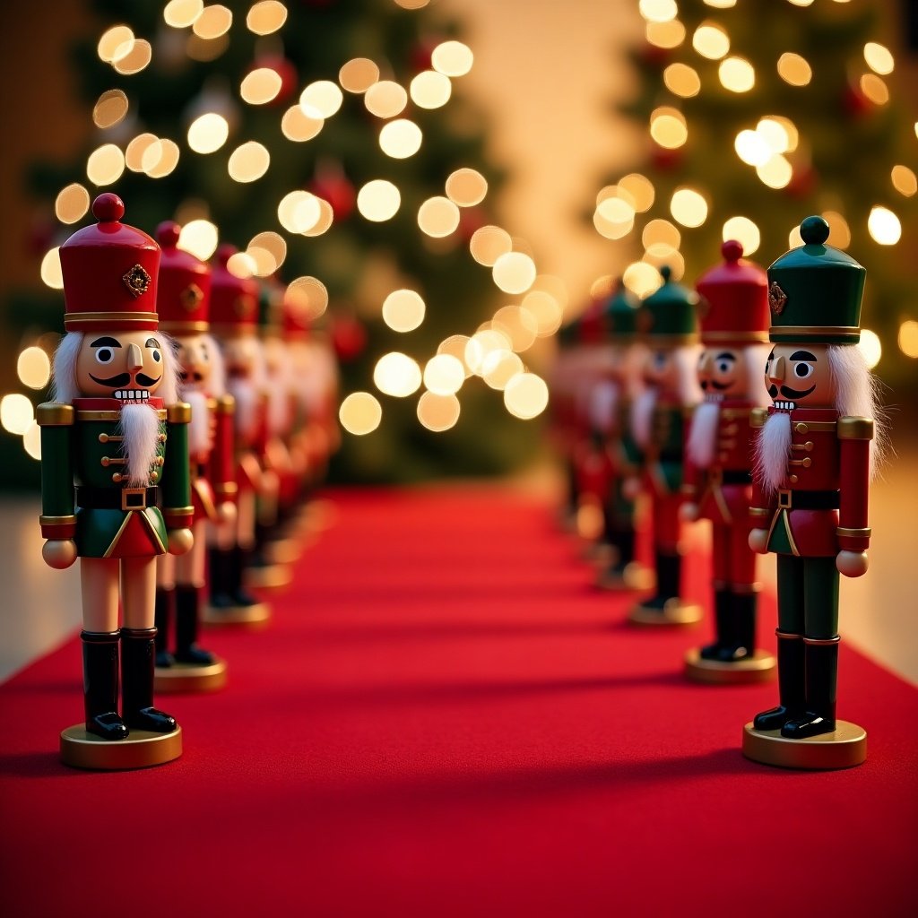 Festive scene with nutcracker figurines on red carpet. Background has sparkling holiday lights. Cheerful atmosphere with joy and nostalgia. Nutcrackers in military attire provide charm and whimsy. Special holiday moment inviting viewers to celebrate.