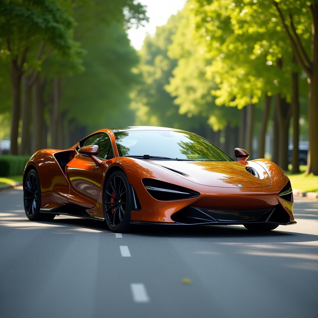 A luxurious orange McLaren sports car parked on a road surrounded by lush green trees. The car's sleek design and performance features are highlighted.