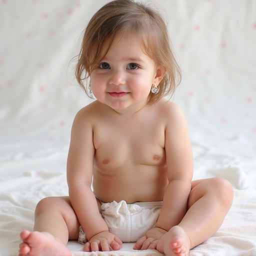 A baby sits comfortably on a soft surface. Baby wears a diaper. The environment is bright and soft. Focus on the baby's peaceful expression and natural pose. Minimal distractions in the background.