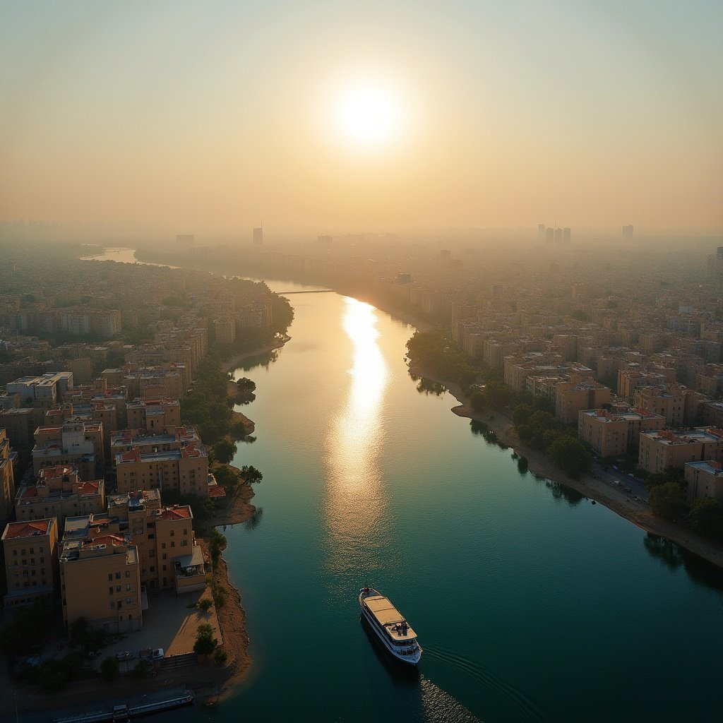 Aerial view of Nile River during sunset, showcasing urban landscape with reflections on the water.