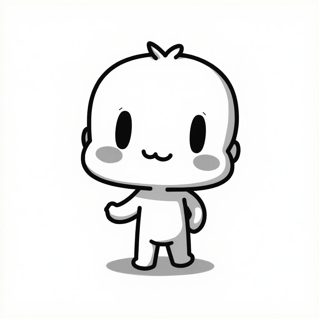 A simple black and white chibi character depicted in a cute and simplistic style. The character has a round head, small body, and a cheerful expression. It stands with one hand raised, in a friendly pose.