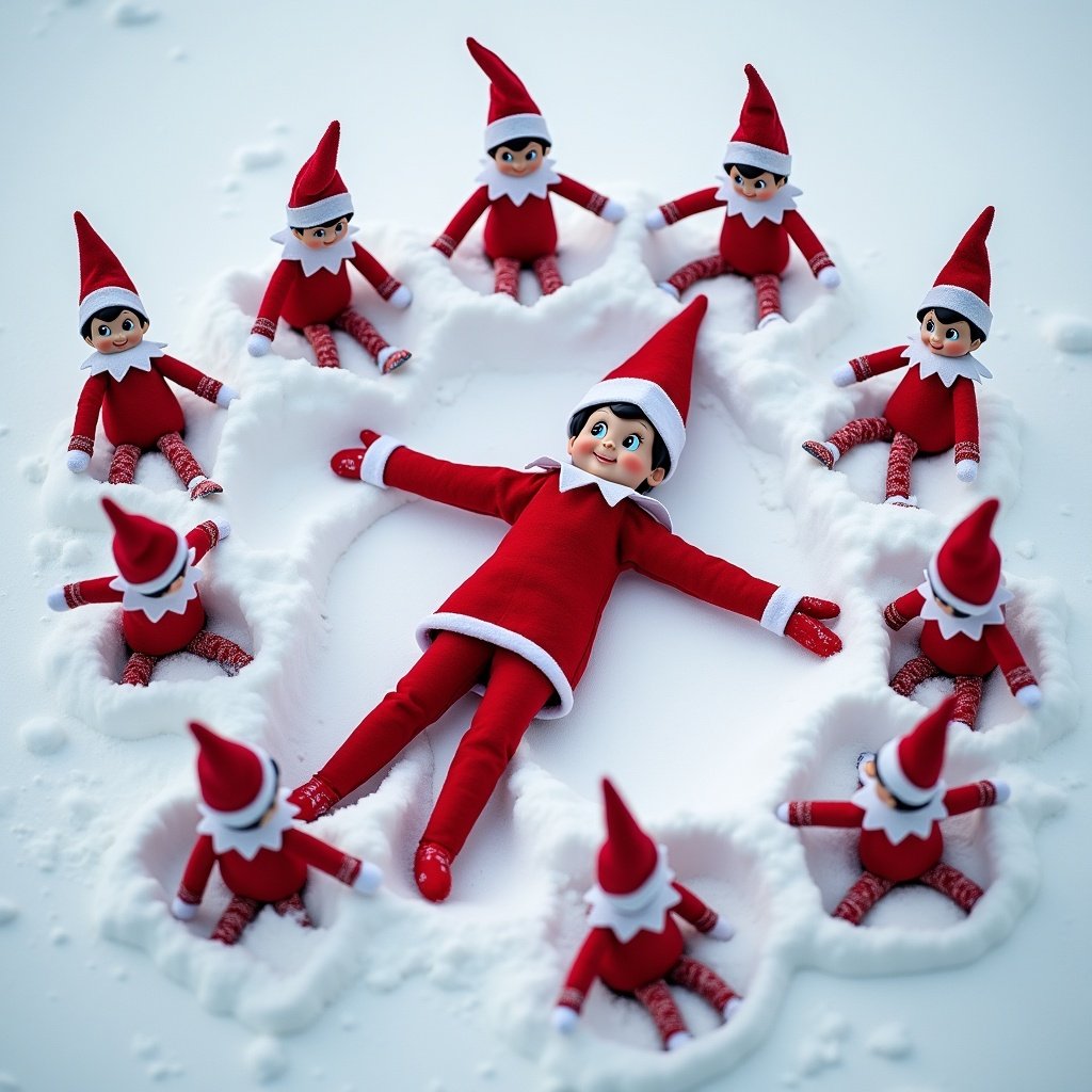 Elf creates snow angel in a snowy landscape. Surrounded by multiple red-clad elves. Child dressed in Santa costume lies nearby. Scene showcases red and black colors prominently.