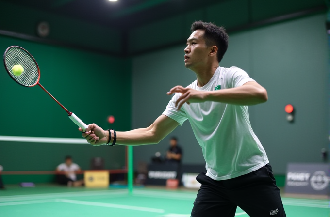 A player in a white shirt is intensely focused, preparing to hit a badminton shuttlecock.