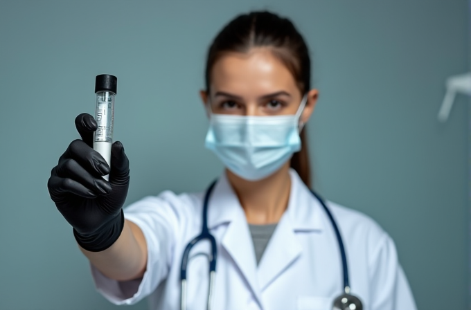 A doctor wearing a mask and gloves holds up a test tube prominently.