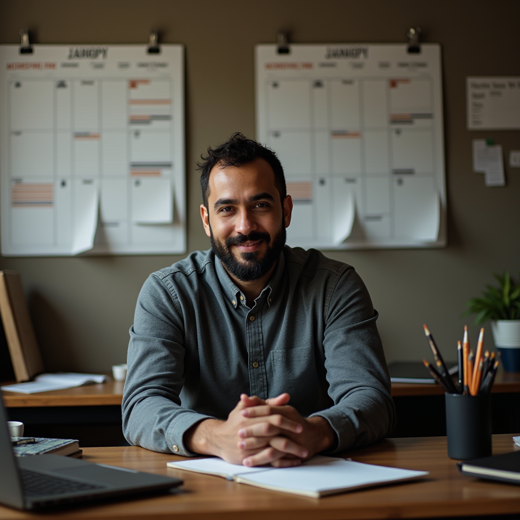 A man sits at a wooden desk, surrounded by calendars, notebooks, and a laptop, ready for action.