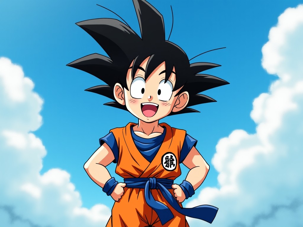 This lively anime illustration features a young character with spiky black hair, wearing a bright orange martial arts outfit with a blue sash. He stands confidently against a clear blue sky dotted with fluffy white clouds, exuding energy and optimism. The character’s expressive face and wide smile contribute to the overall joyful and adventurous tone of the artwork. The clouds enhance the cheerful atmosphere, making it feel like a perfect day for an adventure. The character embodies the spirit of determination and playfulness, inviting viewers to share in his excitement.