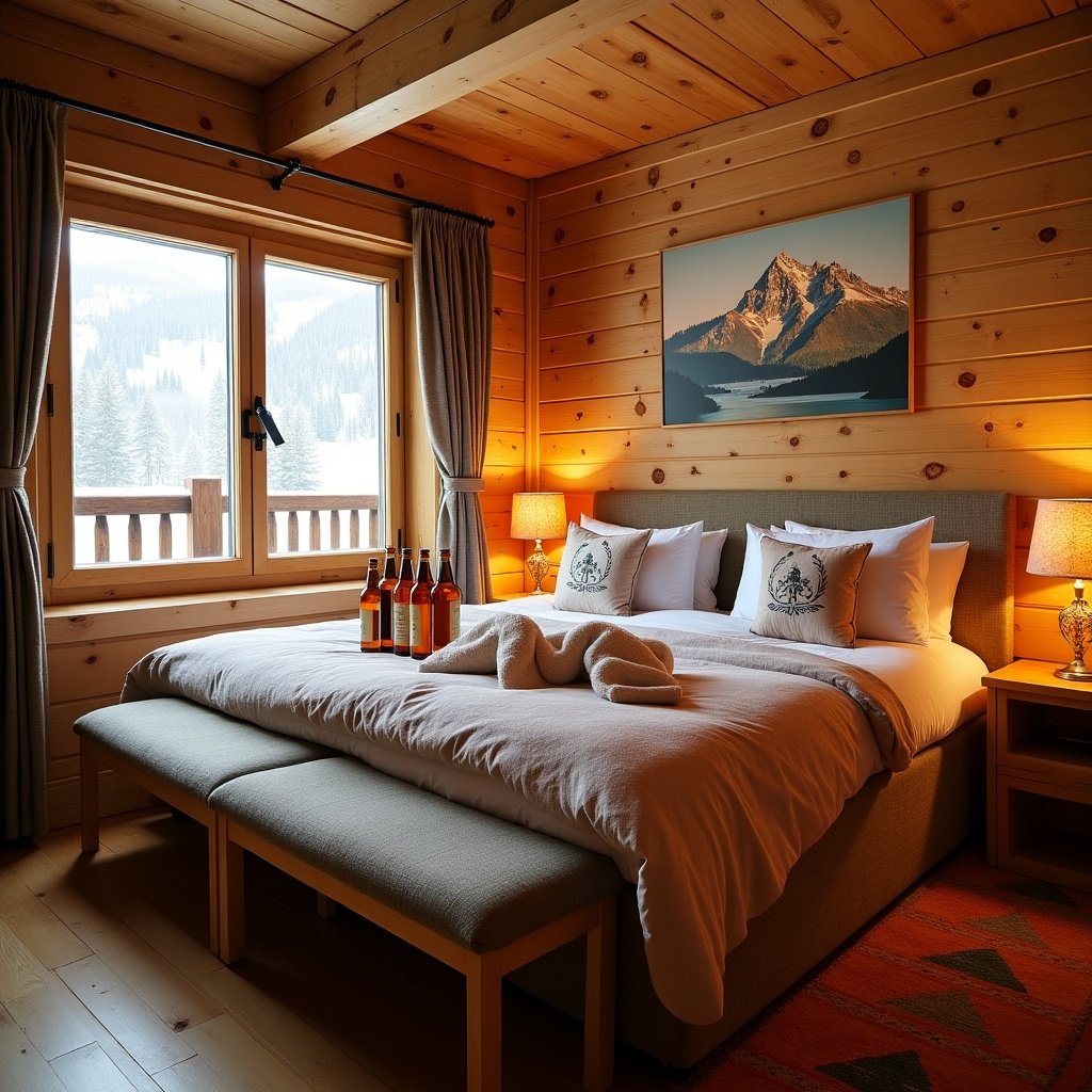 A large bed in a ski chalet. Beer bottles on the bed. Colorful design elements are present in the space. The scene is designed for comfort and luxury.