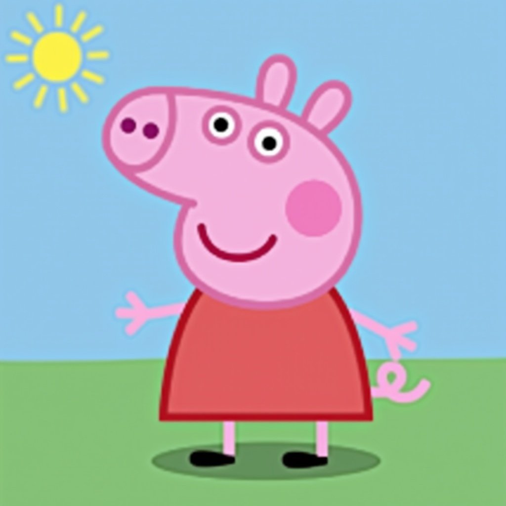 Widescreen image of Peppa Pig. Character standing cheerful with a sun in the background. Bright blue sky with green ground. Pink character with a red dress. Cartoon style.